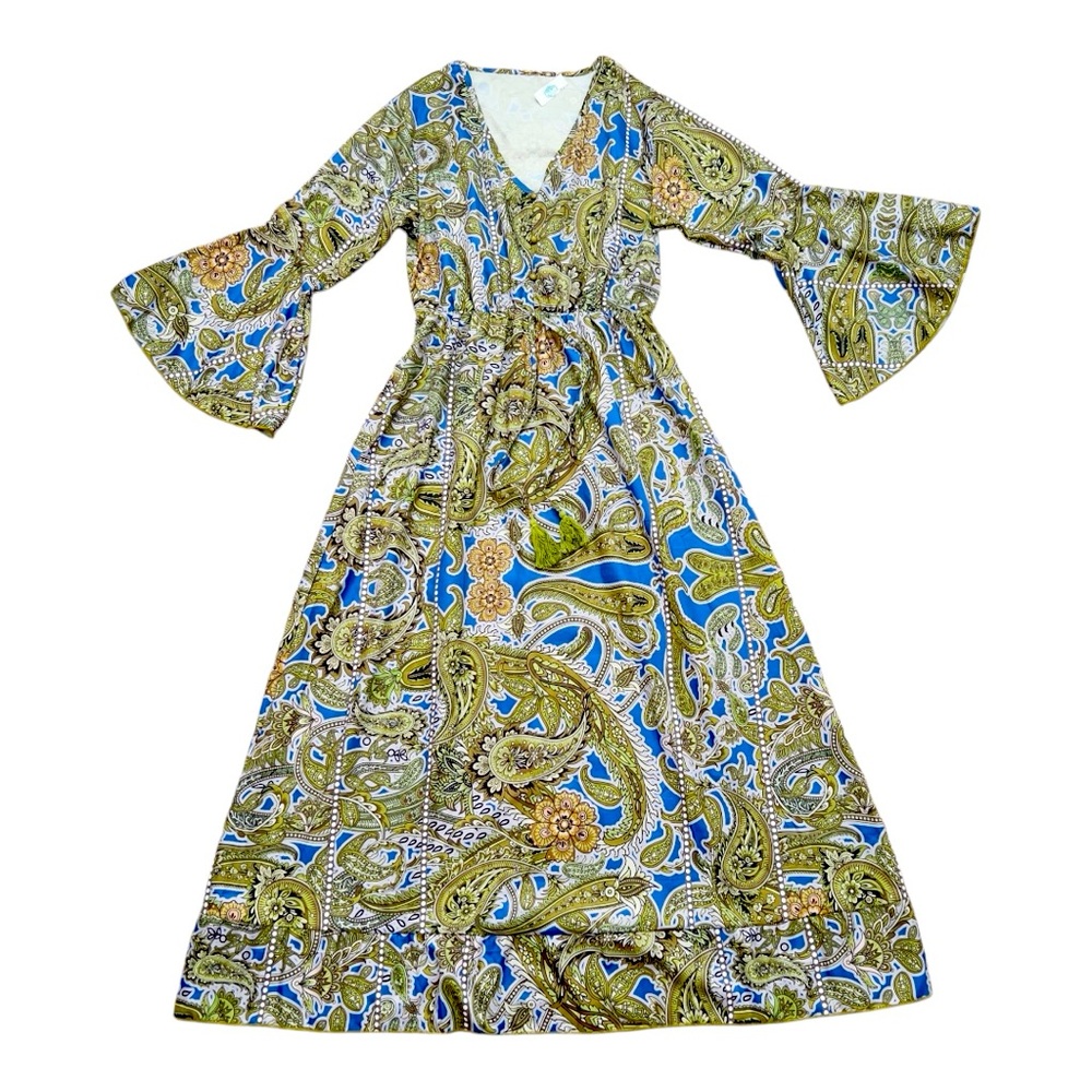 Blue Green Paisley Fairycore Floral Print Boho Maxi Dress Women's Size Small